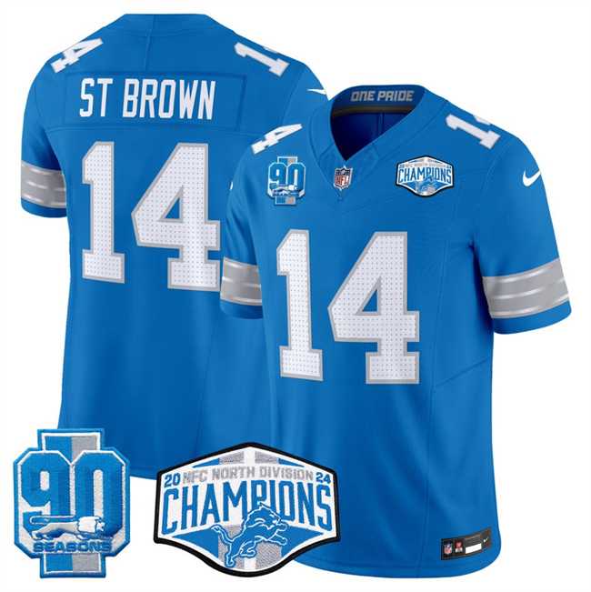 Mens Detroit Lions #14 Amon-Ra St. Brown Blue 2024 NFC North Champions 90th Anniversary Patch F.U.S.E. Vapor Limited Stitched Jersey